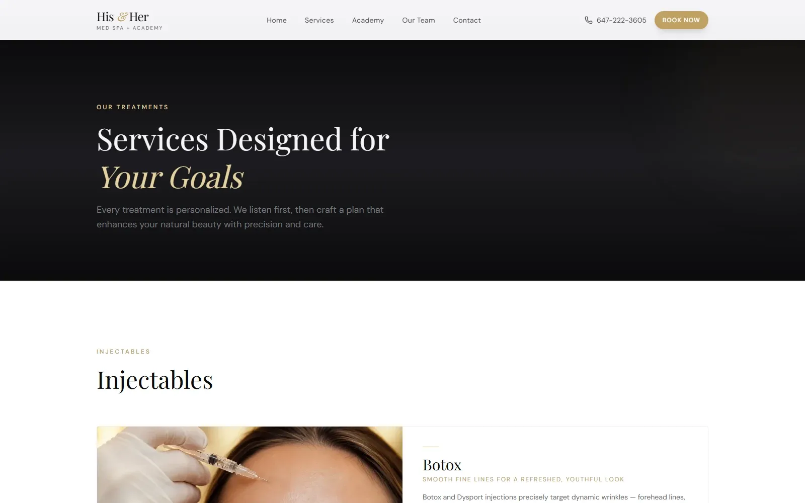 Services page of the His & Her Med Spa website — "Services Designed for Your Goals" in a serif display voice over black, treatments listed below.