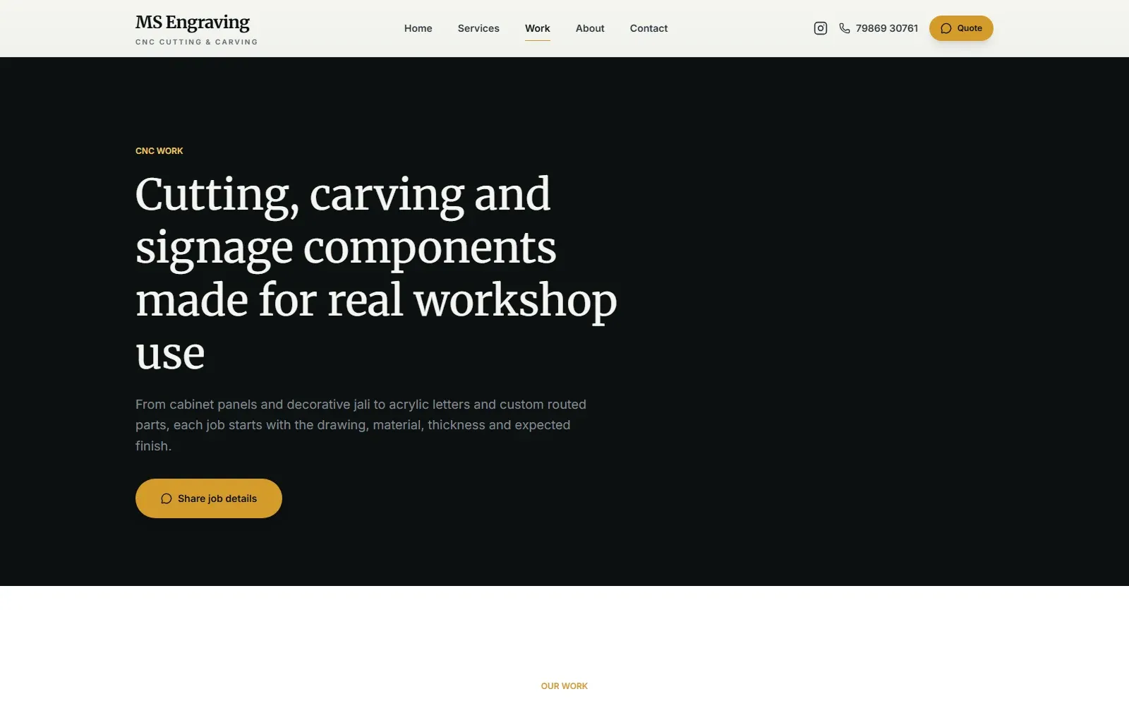 Work page of the MS Engraving website — a dark hero introducing cutting, carving and signage components, with a WhatsApp quote button.